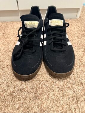 adidas Black Suede Sneakers with White Stripes and Gum Sole